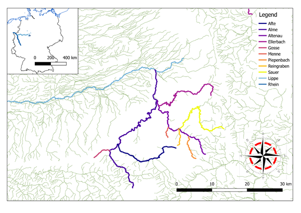 Tributaries to the Lippe, temporary and perennial rivers