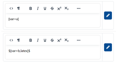 Auch in anderen Texten können Variablen eingefügt werden, wie hier anhand von Multiple-Choice-Antwortoptionen gezeigt. Im unteren Beispiel wird die Variable in der LaTeX-Darstellung angezeigt, umschlossen von Dollarzeichen mit dem Zusatz latex.